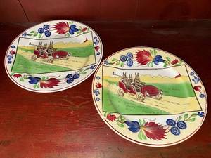 Pair of Antique Stick Spatter Spongeware Rabbitware Rabbit Plate ~ Jalopy Car c 1900