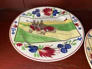 Pair of Antique Stick Spatter Spongeware Rabbitware Rabbit Plate ~ Jalopy Car c 1900