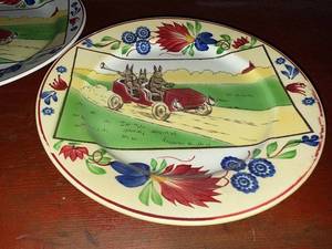 Pair of Antique Stick Spatter Spongeware Rabbitware Rabbit Plate ~ Jalopy Car c 1900