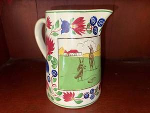 lot 153 image: Antique C 1900  Stick Spatter Rabbitware Rabbit Ironstone Pitcher - Golf