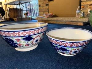lot 162 image: Set of 2 British Ironstone Pedestal Bowls, Flow Blue and Stick Spatter