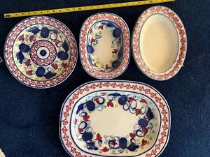 lot 166 image: Antique Stick Spatter Ironstone Platters Ceramic Dishes Set - Floral & Geometric Patterns