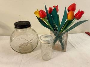 lot 209 image: Vintage Glass Jar Collection Jumbo Peanut Butter, Wyeth, and Floral Vase