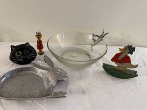 lot 225 image: Whimsical Decor Lot Glass Bowl, Metal Rabbit Dish, Cat Candle Holder, Figurines