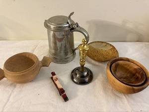 lot 226 image: Lot of Vintage Metal Mug, Wooden Bowls, Candle Holder & Santa Peg