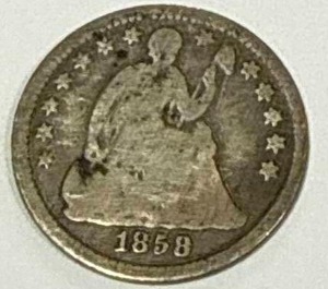 lot 25 image: 1858 Seated Liberty Half Dime