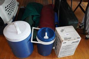 lot 93 image: Camping Gear - Tent, Folding Table, Lantern, Jugs