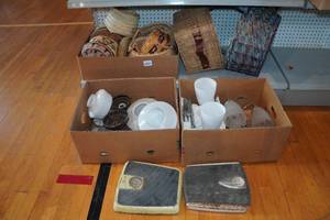 lot 264 image: Light Fixtures and Shades, Wicker Baskets, Antique Scales