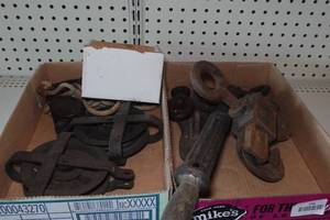 lot 186 image: Antique Cast Iron Tools and Lifting Blocks