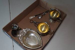 lot 178 image: Sterling Silver Pieces - Tray, Candlestick, Ring