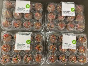 lot 17 image: Lot of 4 Packs Publix Chocolate Mini Cupcakes with Rainbow Sprinkles 10oz Each