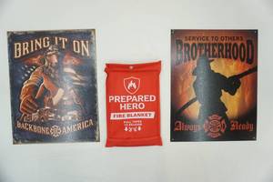 lot 13 image: Firemen Brotherhood Metal Signs (2ct) & Prepared Hero Emergency Fire Blanket