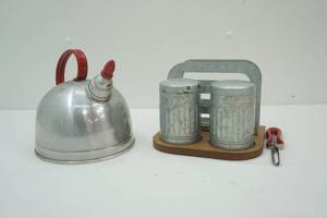 lot 16 image: Vintage Aluminum Tea Pot Napkin Holder Salt & Pepper Shakers Peeler
