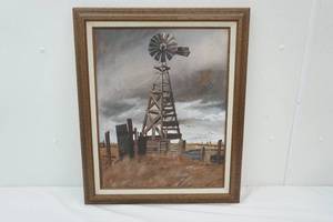 lot 82 image: Framed Canvas Windmill Painting. Snistler 20x 24