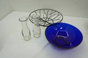 lot 205 image: Cobalt Blue Glass Bowl VintageAntique Milk Cases Metal Centerpiece Bowl