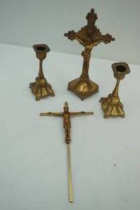 lot 222 image: Cast Metal Candlestick Holders and Crucifixes