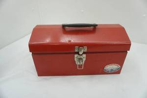 lot 231 image: Red Metal Tool Box & NEW Blue New York Work Gloves