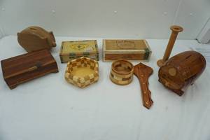 lot 232 image: Vintage Cigar Boxes, Vintage Cedar Jewelry Box, Wooden Decor, and Wooden Coin Banks