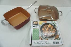 lot 238 image: 2 qt. Cast Iron Braiser-NEW & (2ct) Copper Pans