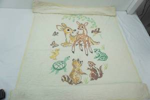 lot 260 image: Vintage Embroidered Baby Blanket. Deer, Fawn and other forest animals.