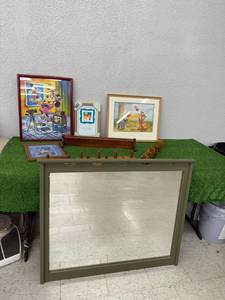 lot 83 image: Mirror, Artwork & Wood Shelves