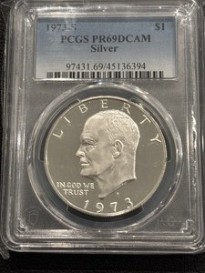 lot 25 image: 1973-S Eisenhower Silver Dollar Proof PCGS PR69 Deep Cameo