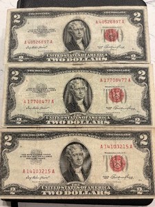 lot 34 image: 1953 Red Seal $2 Dollar Notes
