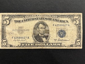 lot 37 image: 1953 A Blue Seal $5 Dollar Silver Certificate