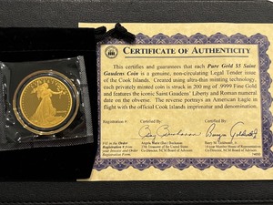 lot 58 image: 200 mg (15 Gram) .9999 Fine Gold $5 Dollar Cook Islands St. Gaudens Tribute Coin