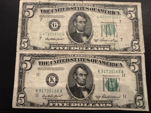 lot 68 image: 1950 Green Seal $5 Dollar Federal Reserve Notes