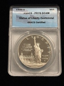 lot 90 image: 1986-S Statue of Liberty Silver Dollar Proof ANACS PR70 Deep Cameo