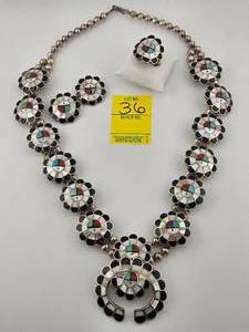 lot 36 image: Zuni Vintage Sun Face Squash Blossom Necklace, Earrings, and Ring Set