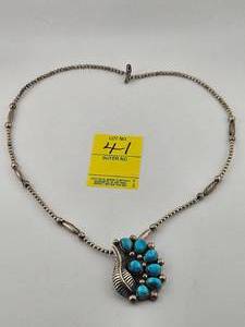 lot 41 image: Navajo Silver & Turquoise Necklace Marked E M