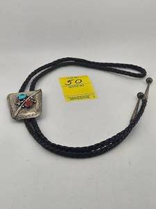 lot 50 image: Silver Bolo - Red Coral and Turquoise Marked F R