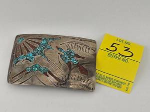 lot 53 image: Belt Buckle - Turquoise and Coral Marked B