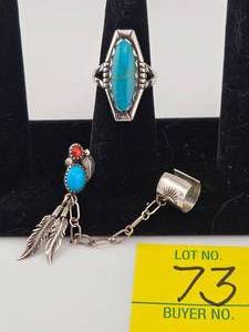 lot 73 image: Navajo Large Sterling & Turquoise Ring & Feather Cuff Earring