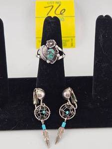 lot 76 image: Navajo Vintage Sterling Ring & Matching Earrings