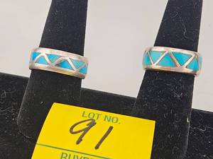 lot 91 image: Two Mens Sterling and Inlay Turquoise Band Rings