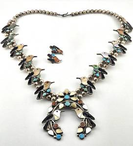 lot 34 image: Zuni Vintage Fetish Squash Blossom Necklace and Matching Earrings