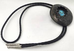 lot 47 image: Bolo Tie Silver and Turquoise Marked H