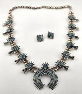 lot 31 image: Zuni Vintage Squash Blossom Necklace and Earrings