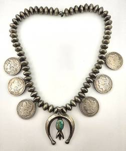 lot 33 image: Rare Vintage Navajo Coin Silver Squash Blossom Necklace