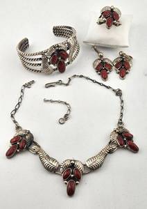 lot 42 image: Navajo Parure Set Silver and Red Coral Marked M F