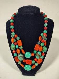 lot 51 image: 925 Lucas Lameth Turquoise & Red Coral Triple Strand Necklace