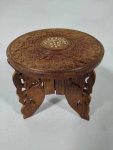 lot 45 image: Hand Carved 2pc Inlaid Wood Plant Stand