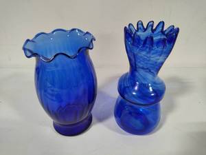 lot 46 image: Two Ruffled Rim Cobalt Blue Vases
