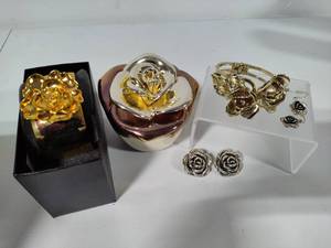 lot 86 image: Floral Trinket Box, Clamper Bracelets & Earrings