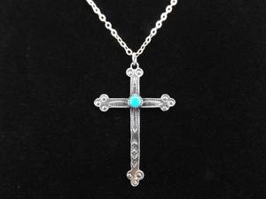 lot 3 image: .925 Sterling Silver Cross with Turquoise Cabochon Accent Pendant Necklace