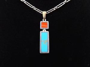 lot 4 image: .925 Sterling Silver Inlayed Turquoise and Coral Pendant Necklace