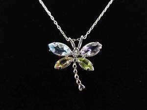 lot 12 image: .925 Sterling Silver Multi Crystal Butterfly Pendant Necklace